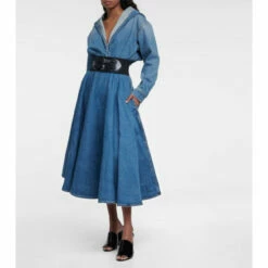 Alaïa Belted Denim Midi Skirt
